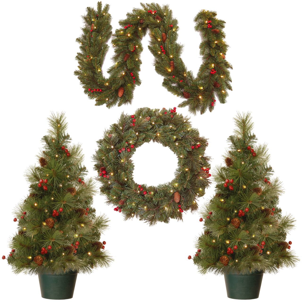 4-Piece Pre-Lit Pinecones & Berries Artificial Christmas Entrance Trees, Garland & Wreath, Warm White LED Lights